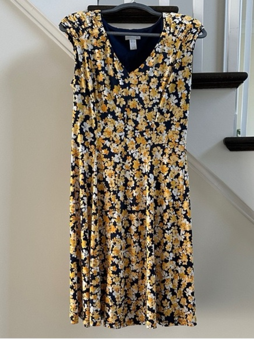 Navy & Yellow Floral V-Neck Women's Dress